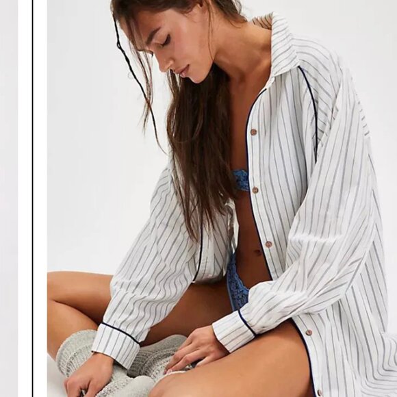 Free People Intimately - Day To Day Sleep Striped Oversized Button Down Shirt XS - Picture 2 of 12